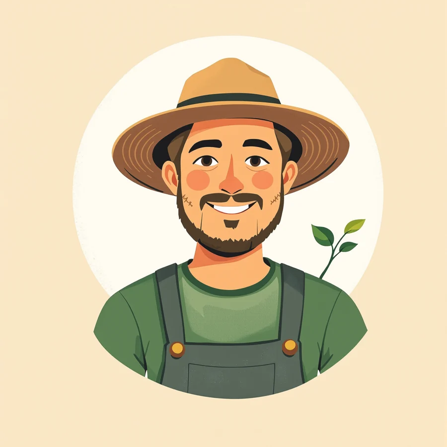 O Semeador, ilustrado: um homem sorridente de chapéu de palha e jardineira verde