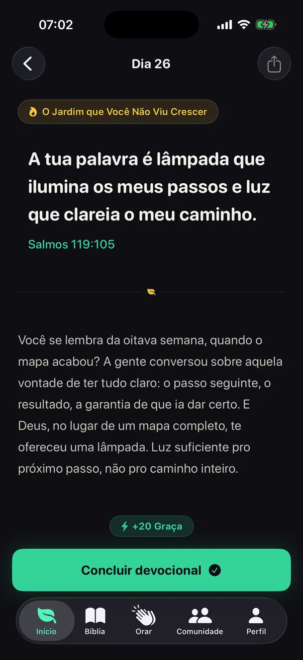 Leitura do devocional do dia, com o versículo e a reflexão