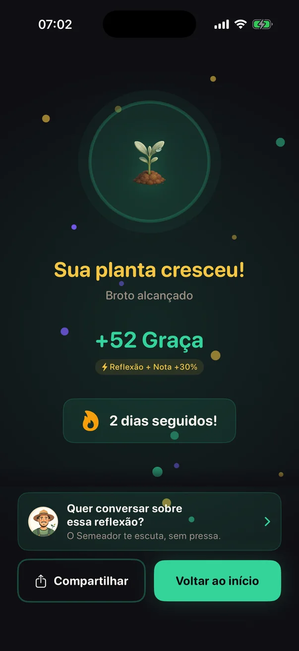 Devocional concluído, com a Graça ganha e o botão de compartilhar