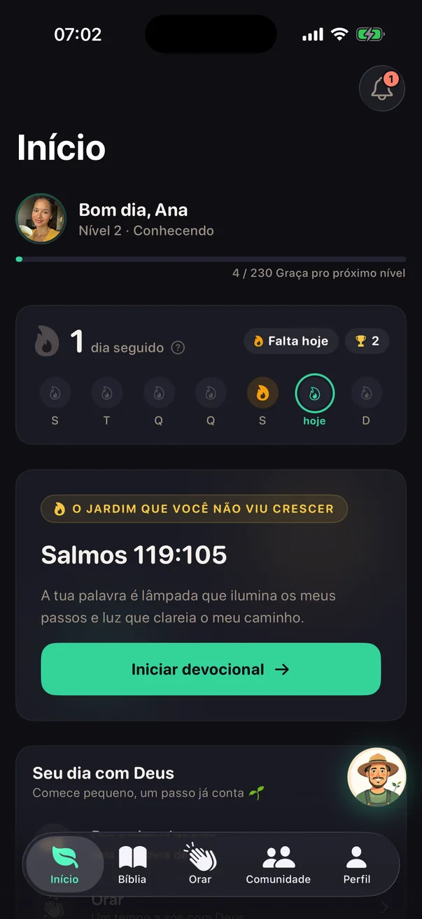 Tela Início do Semente: devocional do dia e o checklist Seu dia com Deus