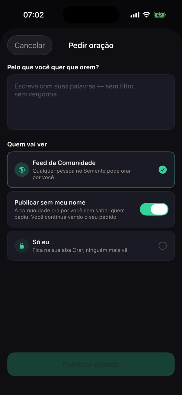 Formulário de pedir oração, com a opção de publicar sem o nome