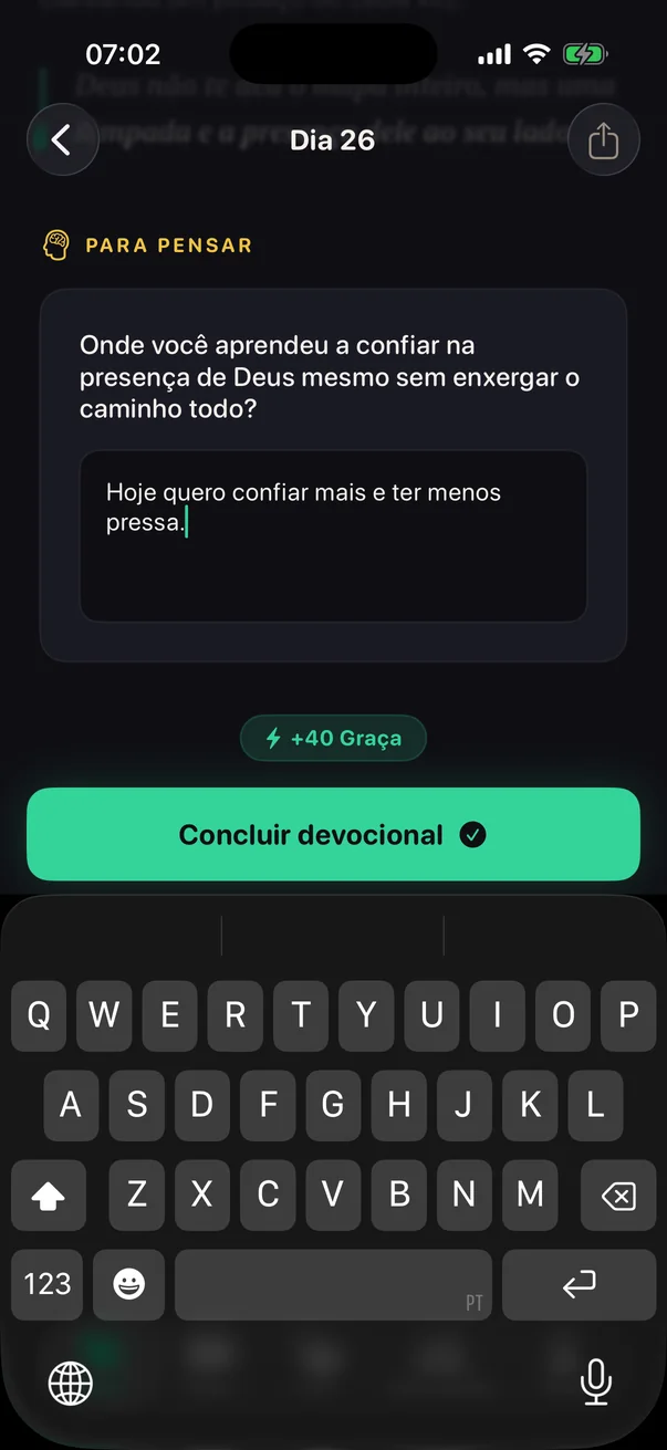 Reflexão do dia com a pergunta Para pensar e a resposta escrita